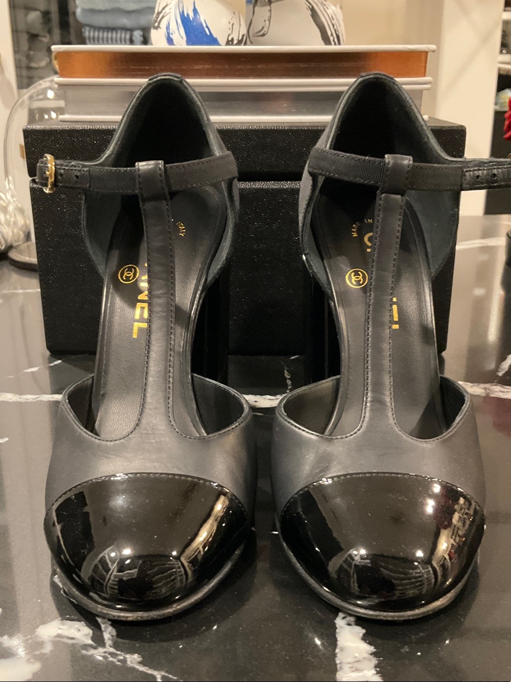 CHANEL Black T-Strap Leather Pumps with Patent Cap Toe